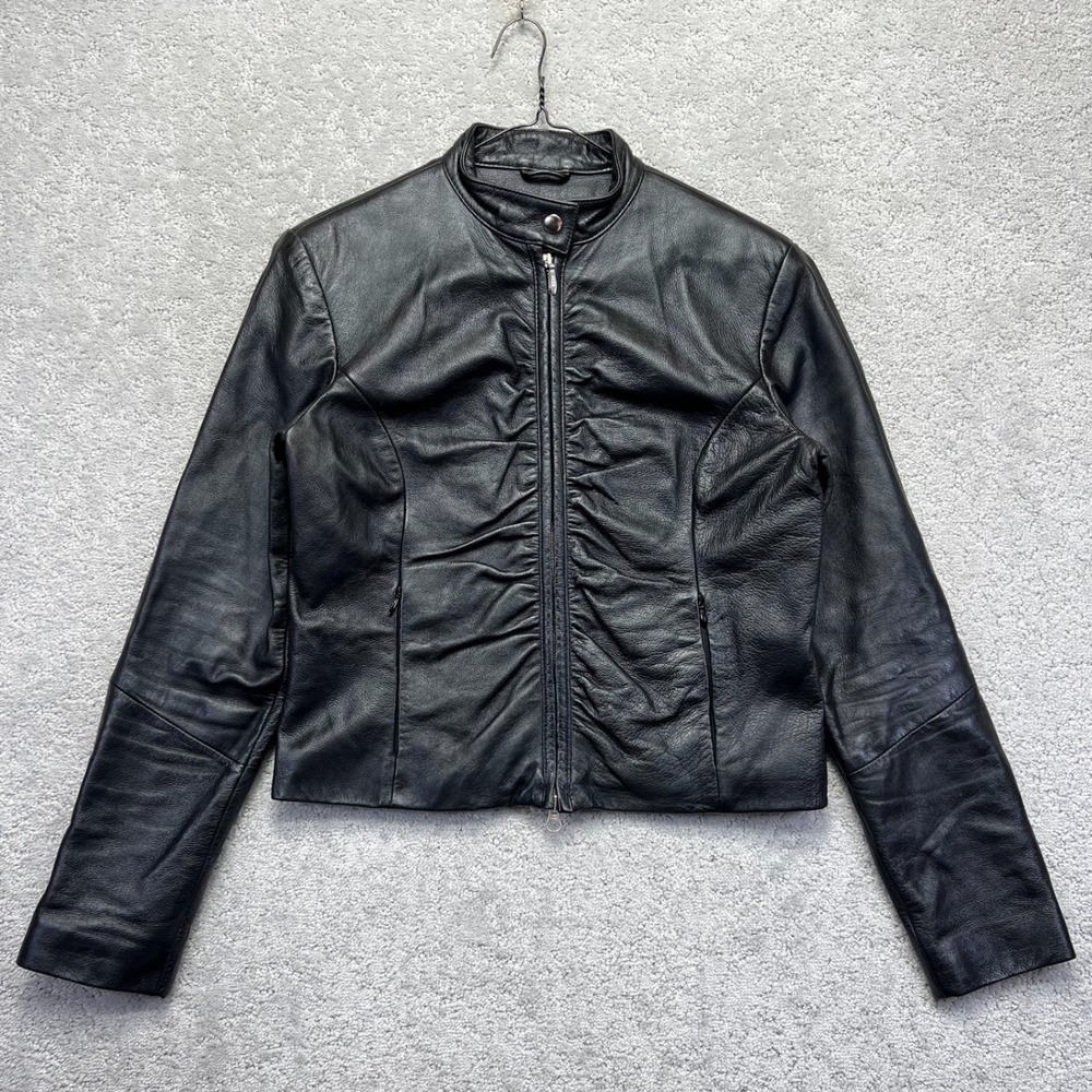 Wilsons Leather Maxima Biker Jacket Womens‎ Small Black Ruched Moto Grunge Y2K